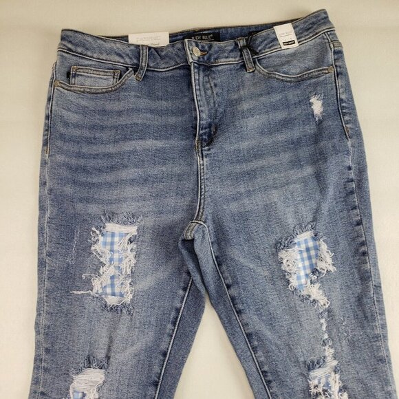 Judy Blue Gingham Distressed Jean Womens 15/32 Blue Raw Hem High Rise Skinny NEW - Picture 3 of 13